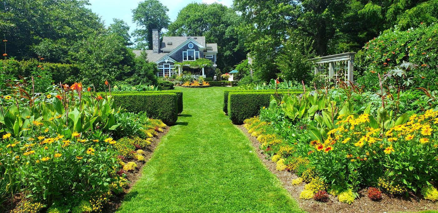 Formal garden with a mown lawn path between flower borders