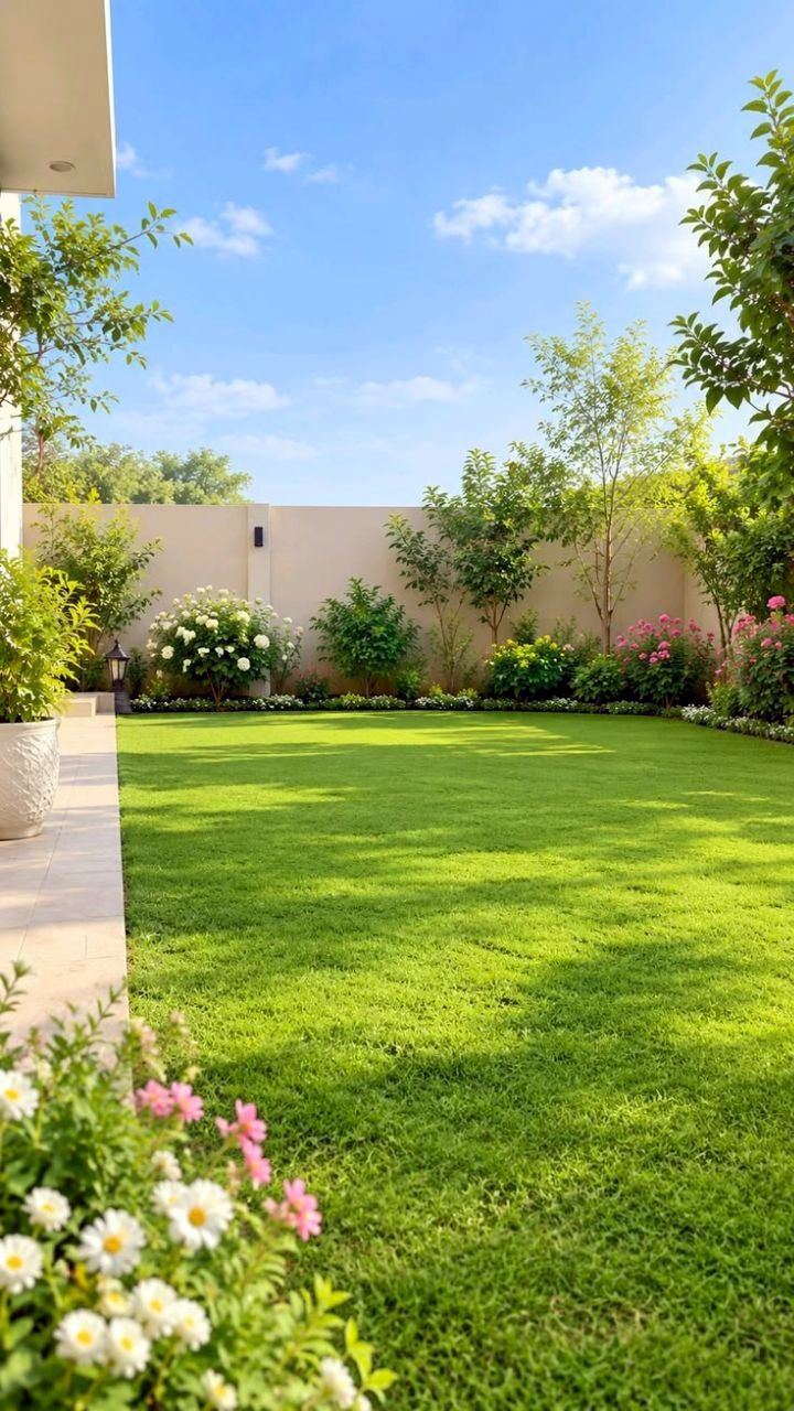 Healthy green lawn beside flower beds