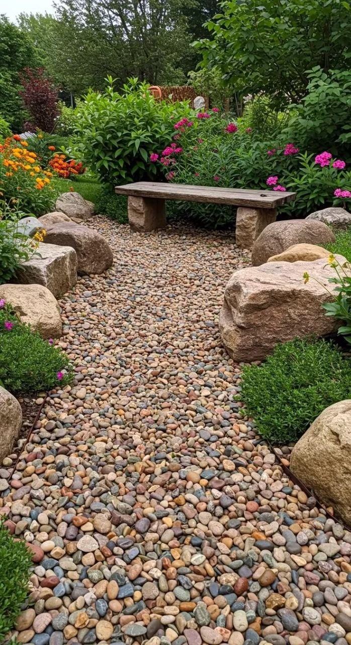 Pebble garden path with boulders and a stone bench