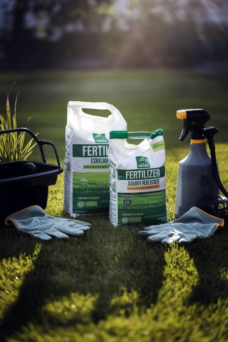 Fertiliser, gloves and spray for plant care