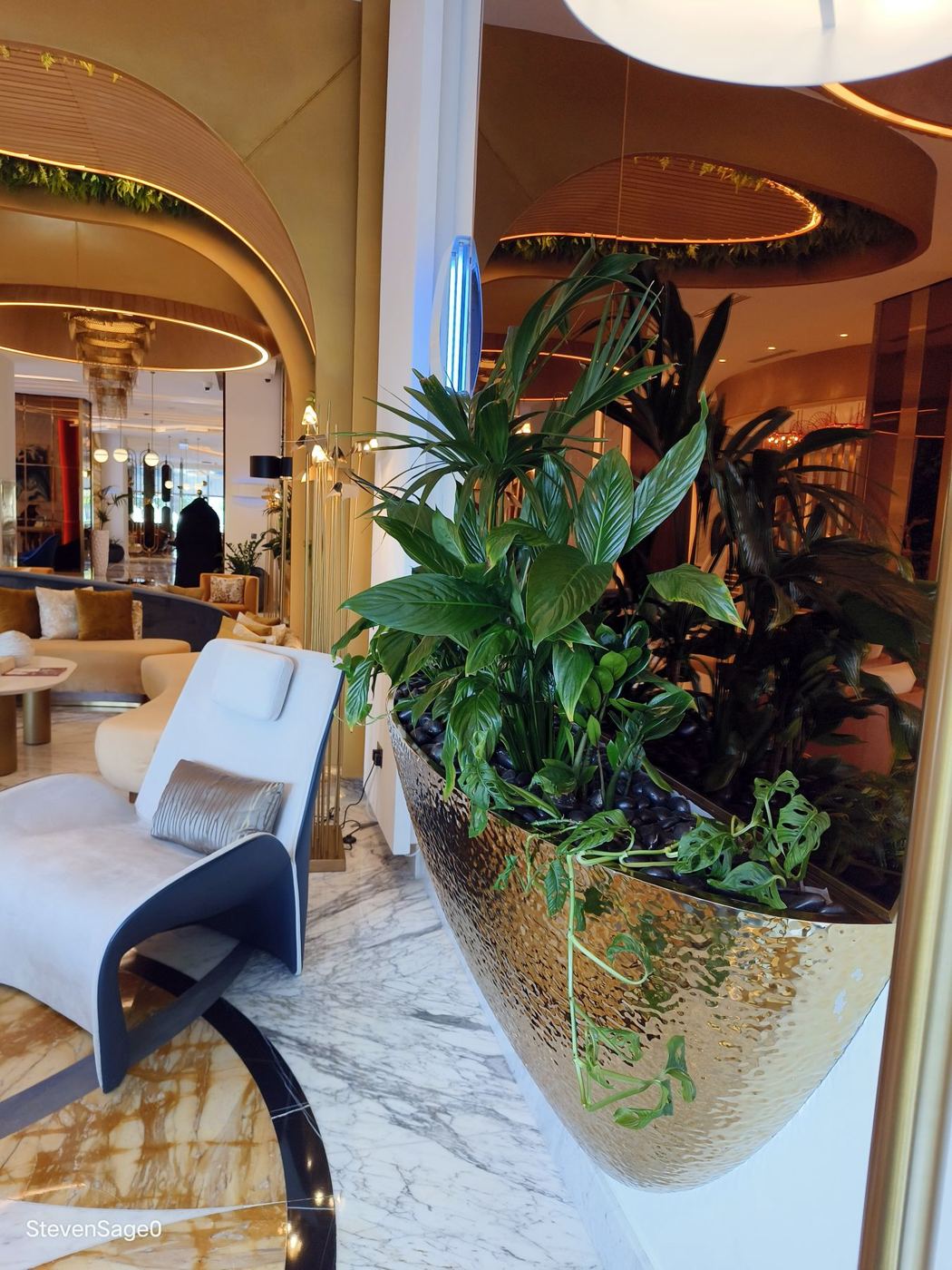 Indoor plant arrangement in a gold planter in a lobby